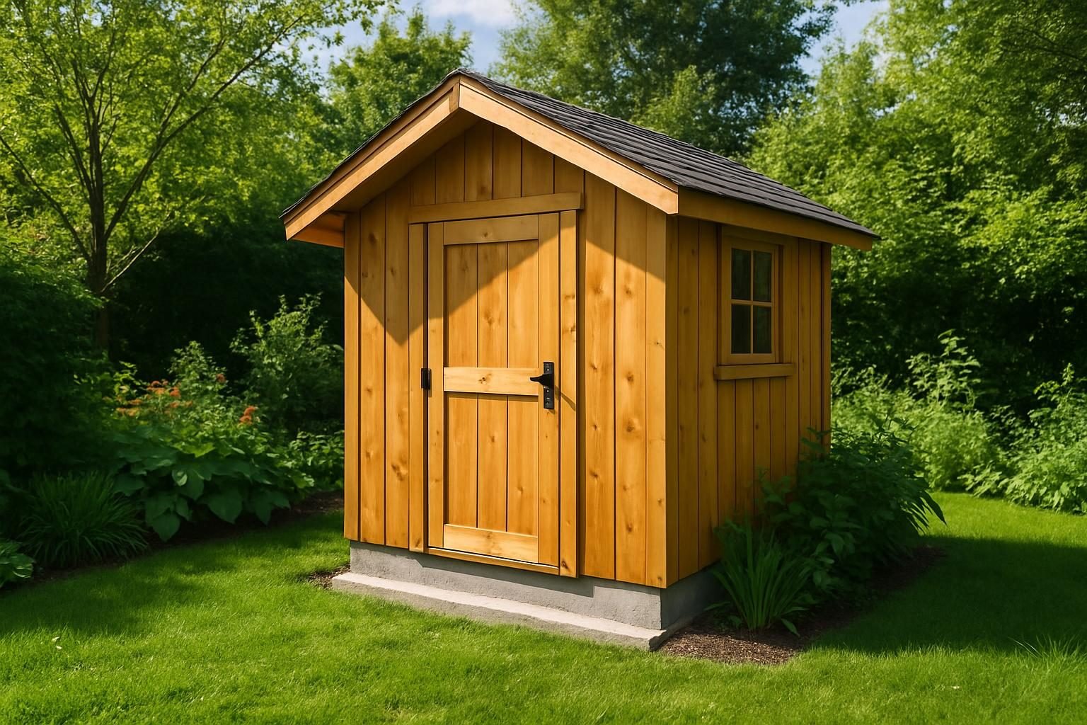 Een houten tuinhuis op een stevige betonnen fundering in een groene tuin