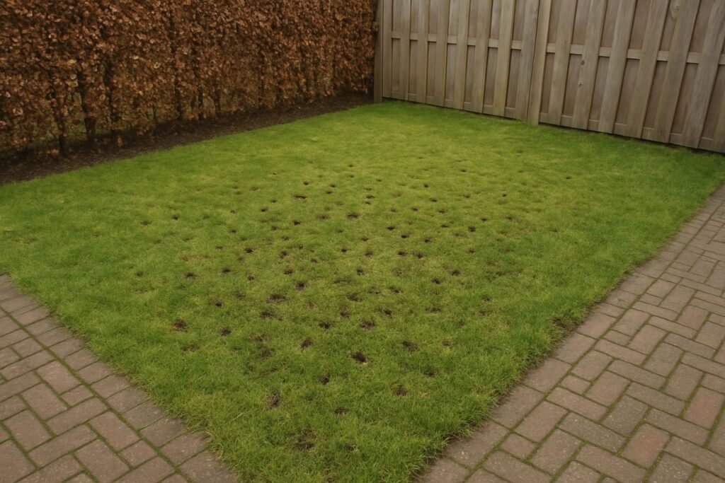 Gazon waar over een deel kleine gaatjes zijn geprikt, de rest is nog ongemoeid