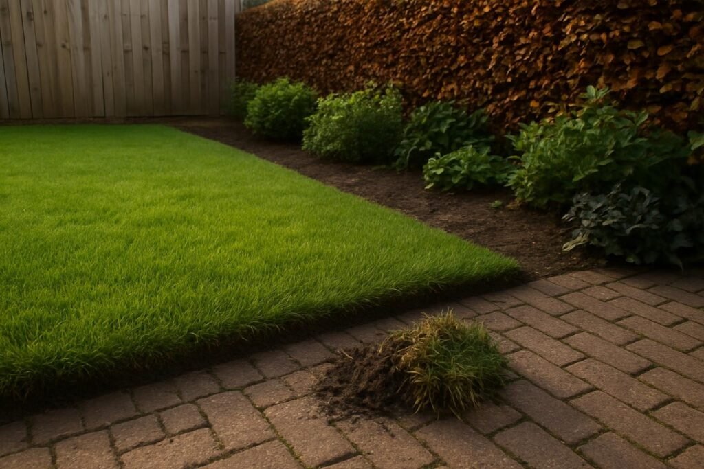 Pas afgestoken gazonrand met de losgestoken plag gras op de bestrating