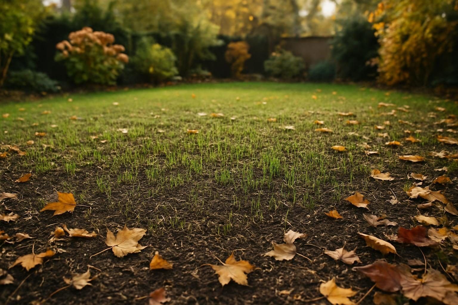 Verse graszaden gezaaid in een tuin in het najaar met gevallen bladeren