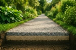 Een strak grindpad in een tuin met duidelijke randen en groen rondom