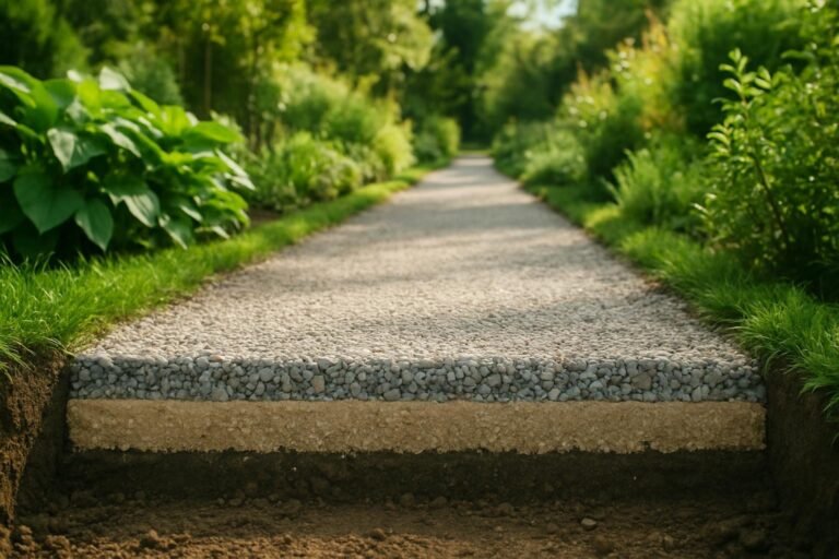 Een strak grindpad in een tuin met duidelijke randen en groen rondom