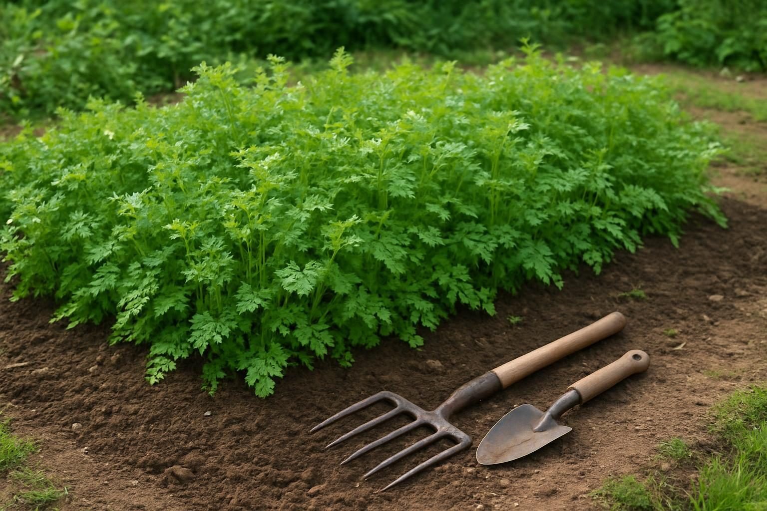 Groenbemester gewas in een moestuinbed na de oogst, met gezonde bodem en tuingereedschap