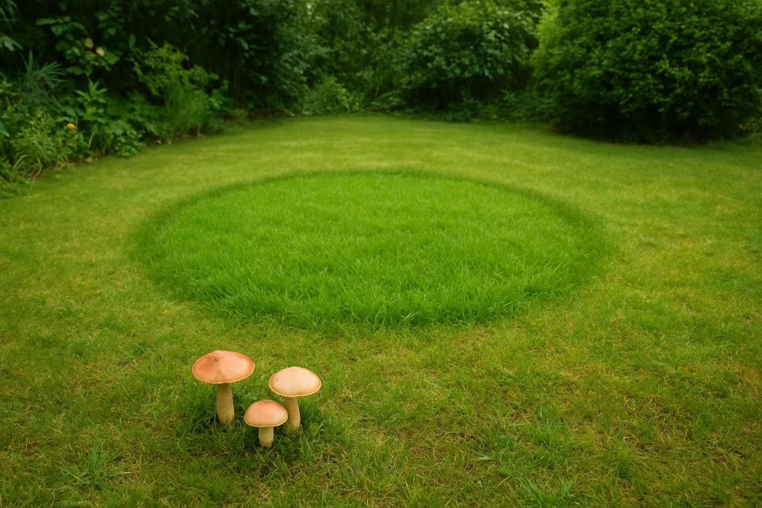 Gazon met een zichtbare kring van groener gras en paddenstoelen