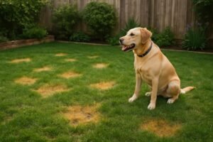 Een gazon met gele urineplekken en een hond die ernaast staat