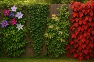 Houten schutting met clematis, klimop, kamperfoelie en wilde wingerd in verschillende groeistadia
