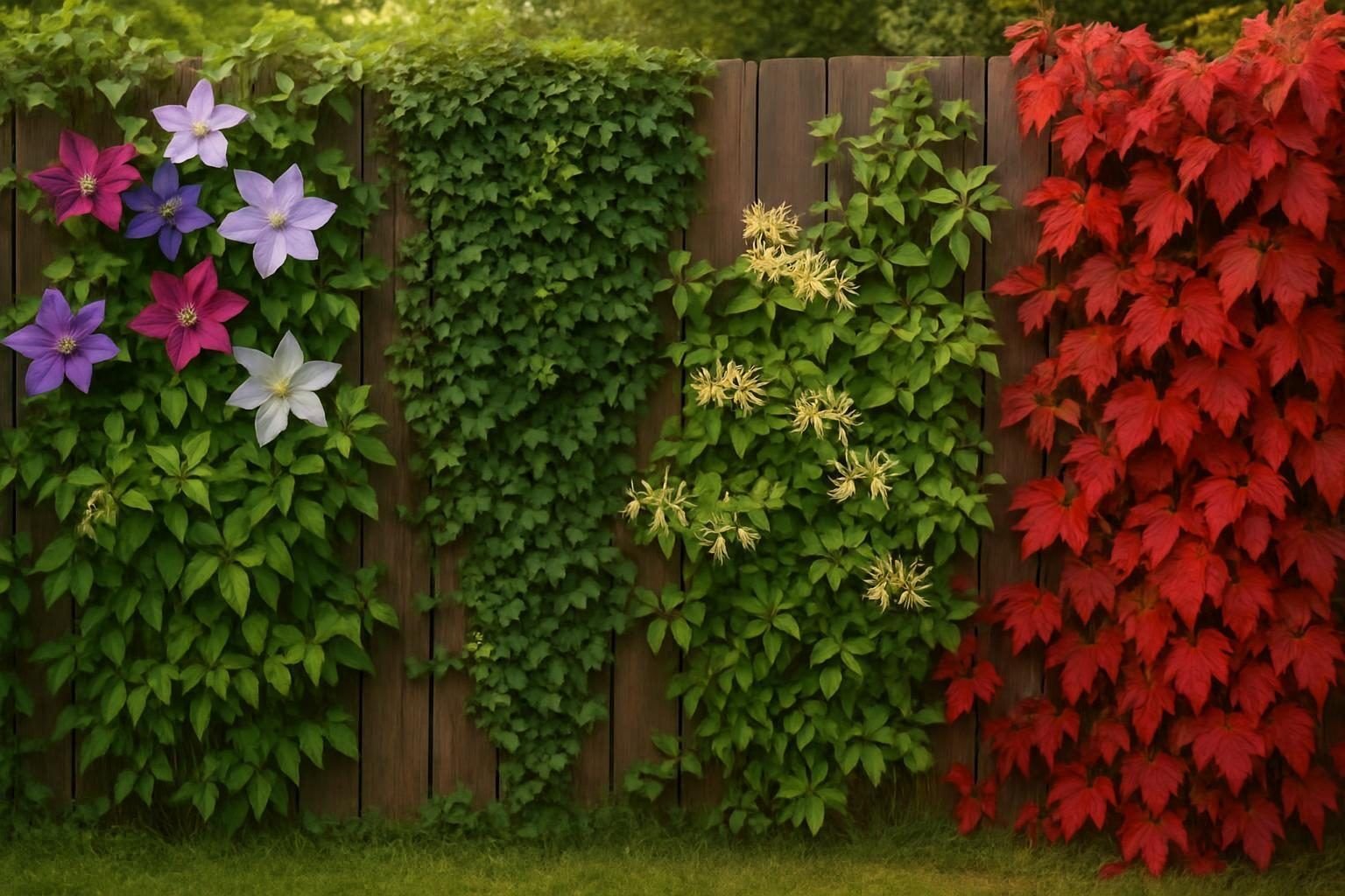 Houten schutting met clematis, klimop, kamperfoelie en wilde wingerd in verschillende groeistadia
