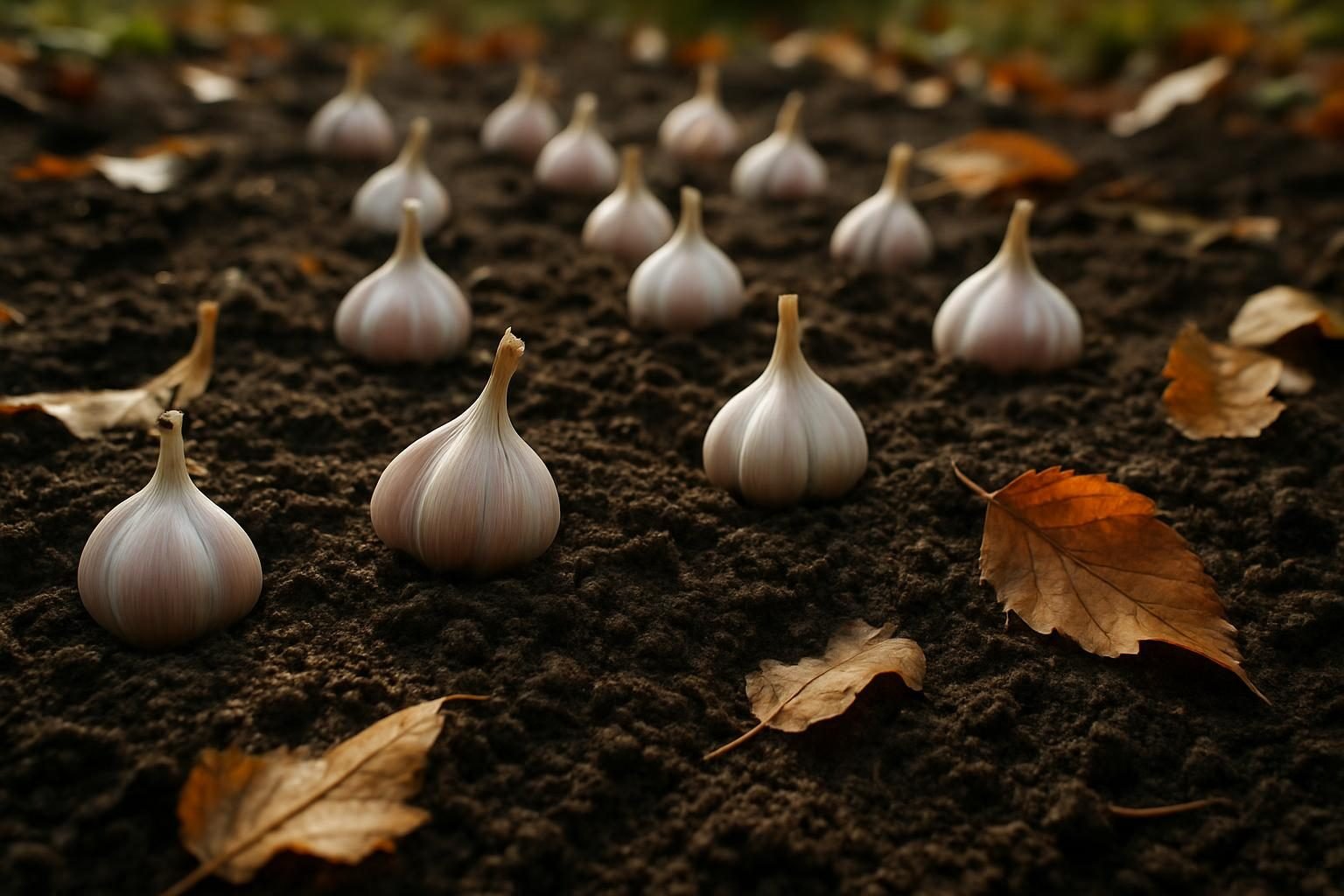 Knoflooktenen geplant in vochtige herfstgrond met bladeren eromheen