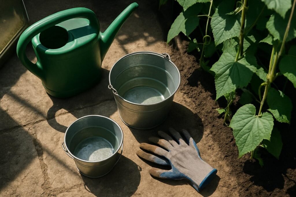 De gieter, de emmer en de handschoenen na afloop