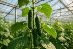 Komkommerplant in een kas, opgebonden aan touwen met rijpe komkommers eraan