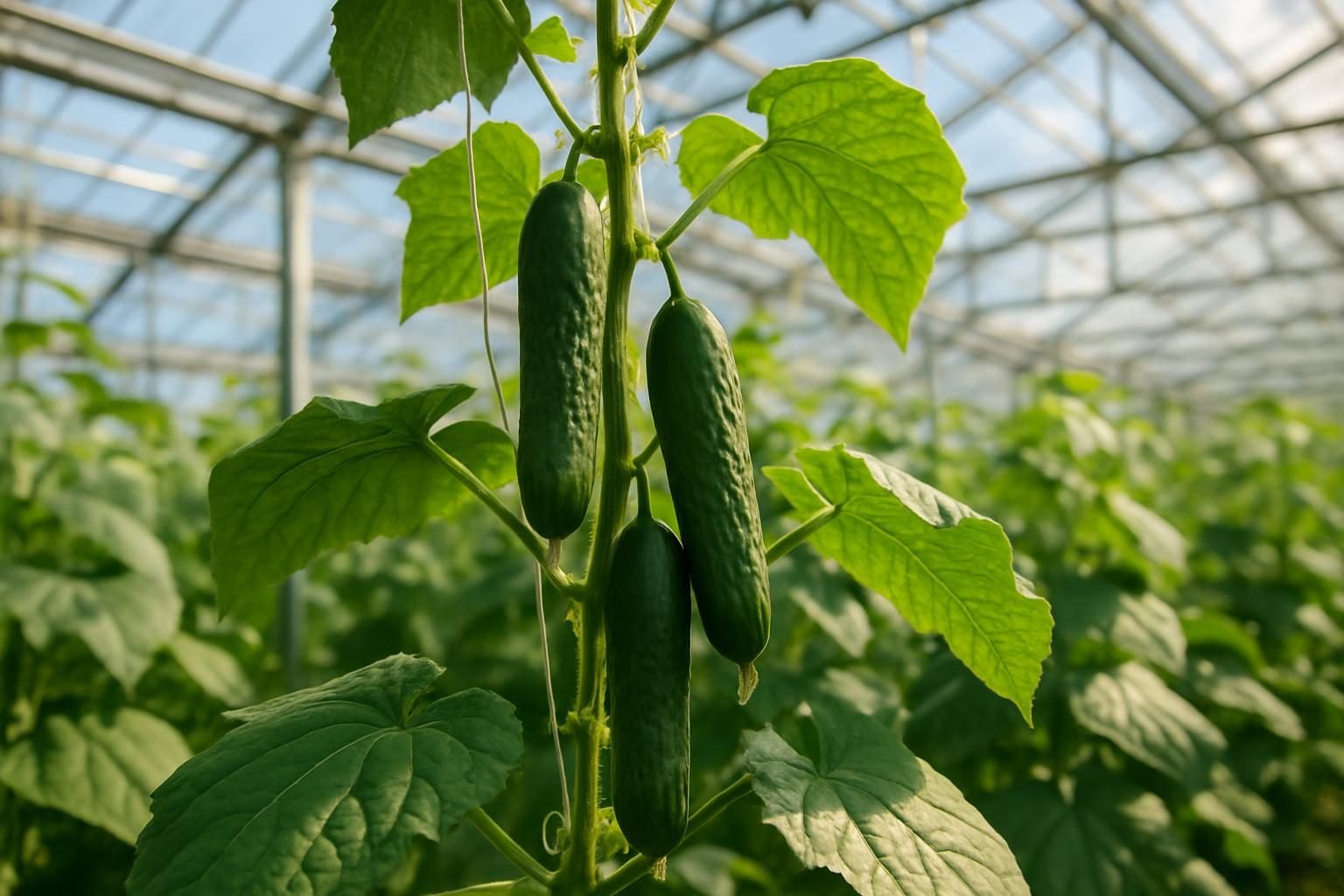 Komkommerplant in een kas, opgebonden aan touwen met rijpe komkommers eraan
