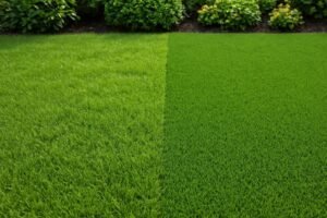 Een tuin met een natuurlijk grasveld naast een strook kunstgras, zichtbaar verschil in textuur