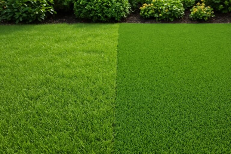 Een tuin met een natuurlijk grasveld naast een strook kunstgras, zichtbaar verschil in textuur