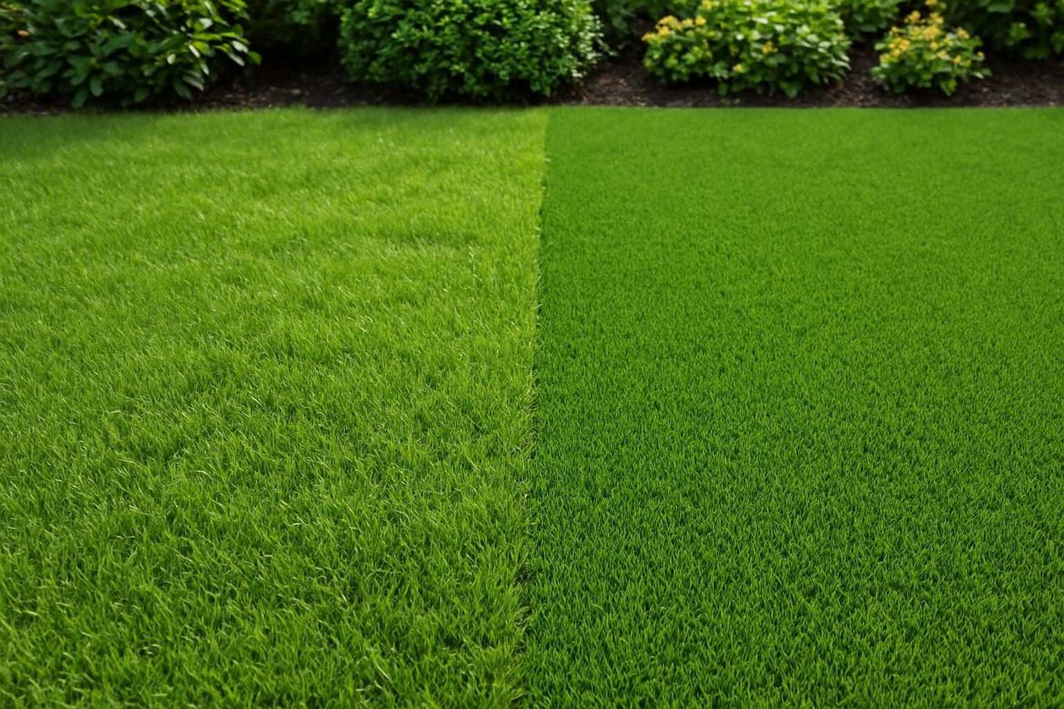 Een tuin met een natuurlijk grasveld naast een strook kunstgras, zichtbaar verschil in textuur