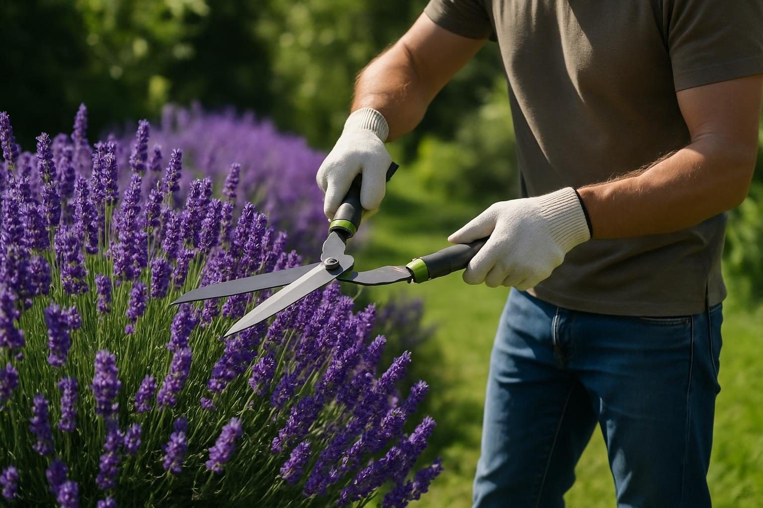 Tuin met gezonde lavendelstruiken en een tuinier die een struik snoeit