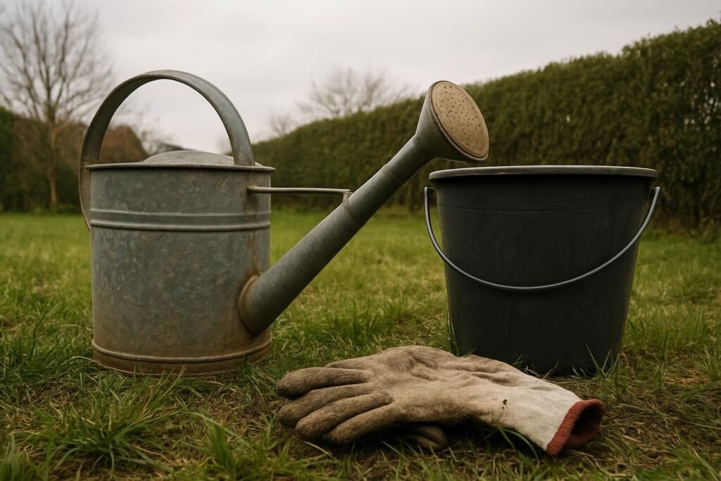 De gieter, de emmer en de handschoenen na afloop