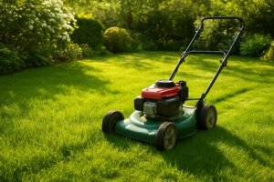 Een groen gazon met een grasmaaier in het voorjaar, gras op verschillende hoogtes