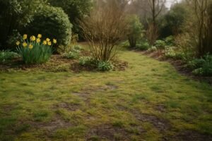 een gazon in maart met mos, natte plekken en beginnend groen gras