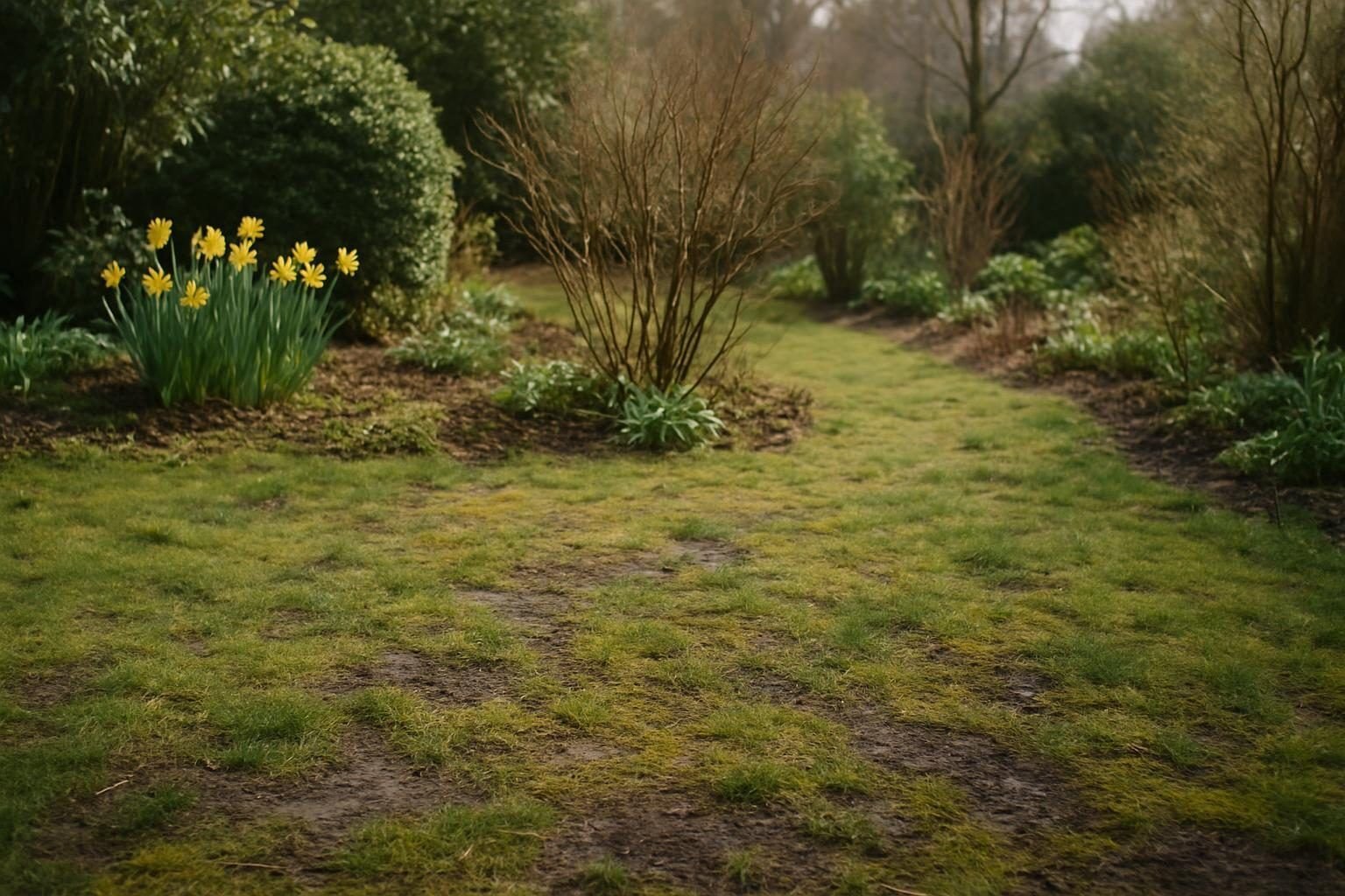een gazon in maart met mos, natte plekken en beginnend groen gras