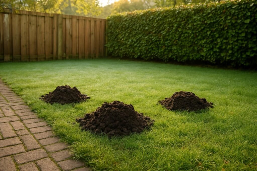 Drie verse molshopen met losse aarde midden op een groen gazon