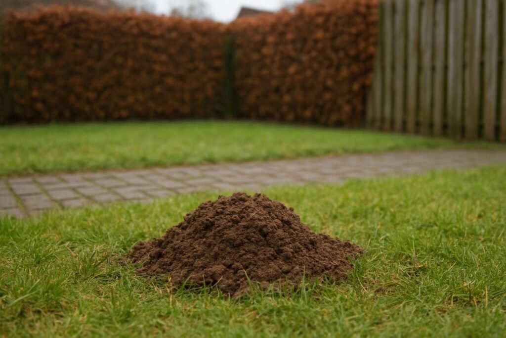 Close-up van een enkele molshoop op het gras, met een tuinpad op de achtergrond