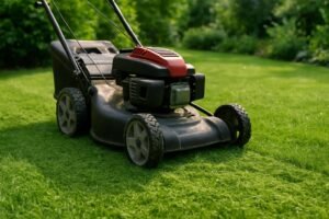 Een gazon met mulchmaaier die fijn gemaaid gras op het gras laat liggen