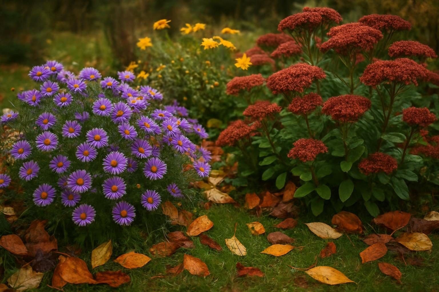 Najaarsbloeiende bloemen in een tuin met gevallen bladeren en nat gras