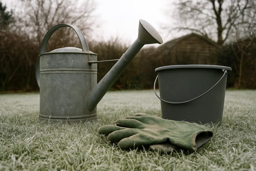 De gieter, de emmer en de handschoenen na afloop