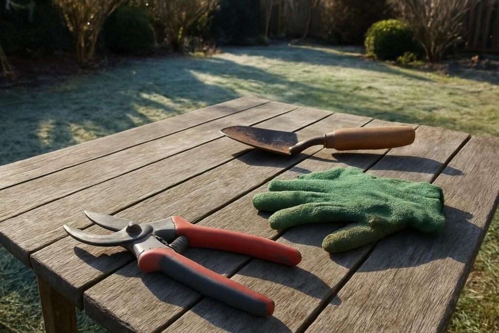 Het gereedschap neergelegd op de tuintafel