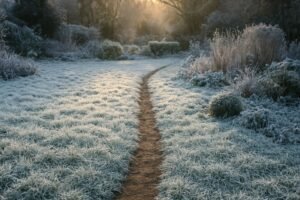 Bevroren gras met een smal bruin spoor van voetstappen op een winterse ochtend