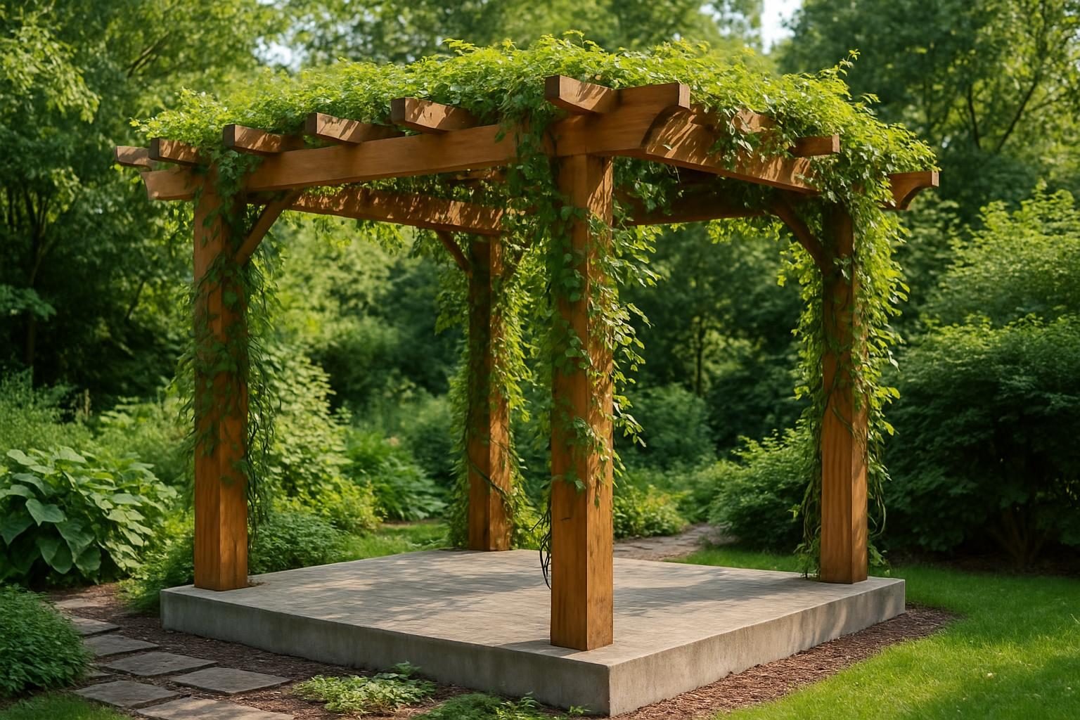 Stevige houten pergola met dikke palen en klimplanten in een tuin