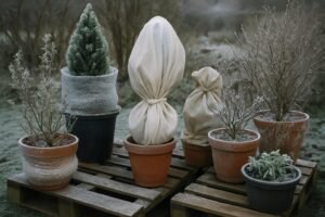 Potplanten in een winterse tuin met beschermende materialen tegen vorst
