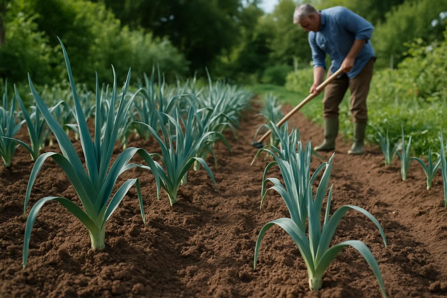 Rijen preiplanten in diepe, losse grond met zichtbare plantafstand in een moestuin