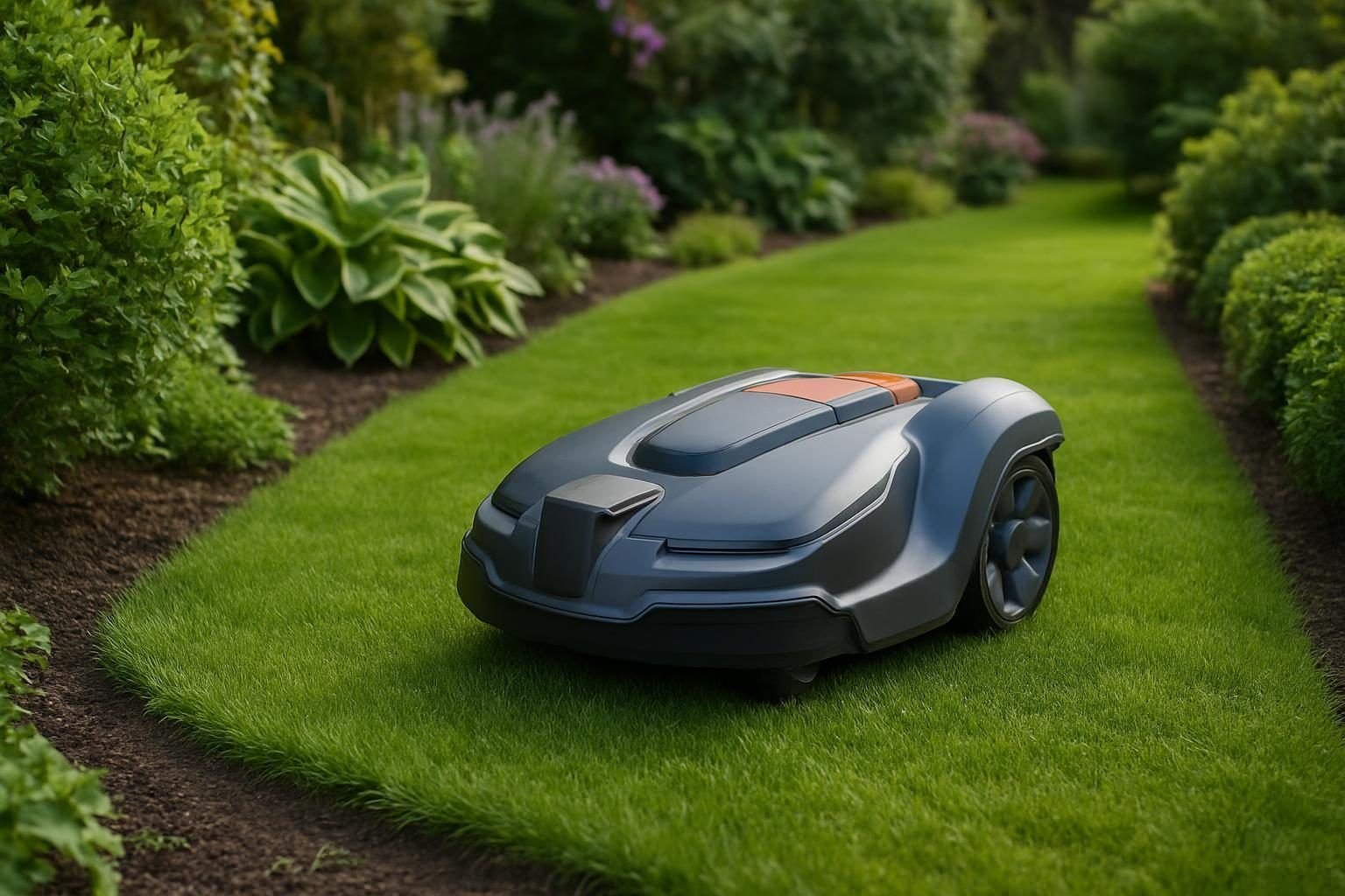 robotmaaier die gras maait in een tuin met borders en randen