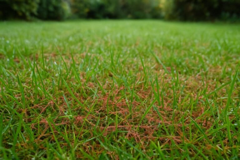 Lawn with delicate pinkish-red fungal threads tussen gras sprieten op een vochtige ochtend