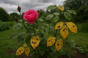 Rozenstruik met zwarte vlekken op bladeren en vergeelde bladeren in een tuin