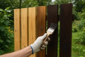 Houten schutting in een tuin, deels bewerkt met beits en verf, omgeven door groen.