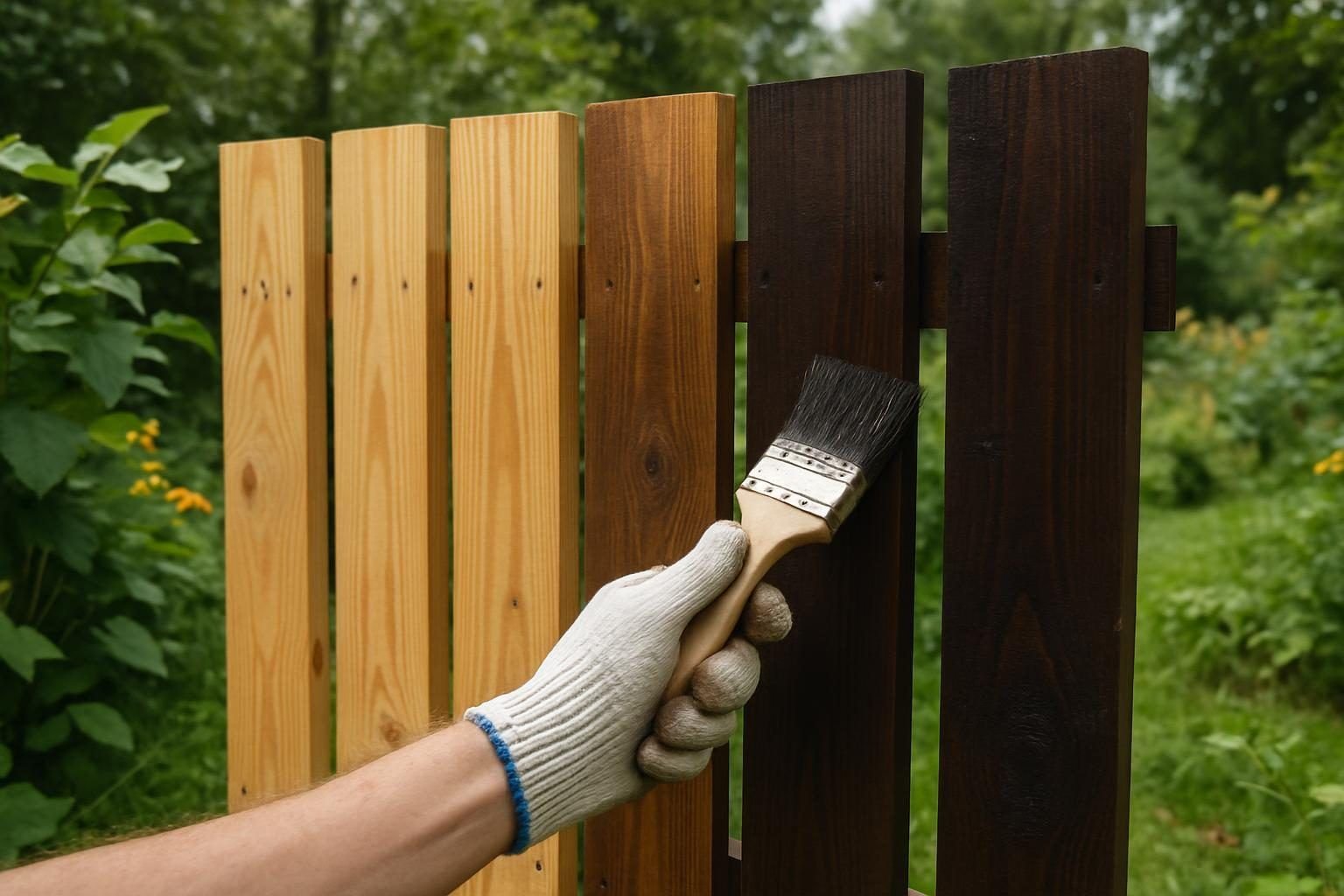 Houten schutting in een tuin, deels bewerkt met beits en verf, omgeven door groen.