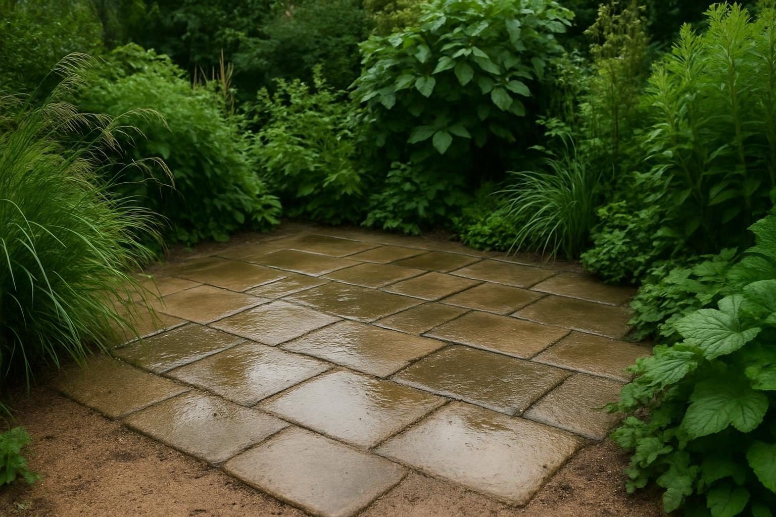 Terras met tegels op zandbed, licht ongelijk na regen, omringd door groen
