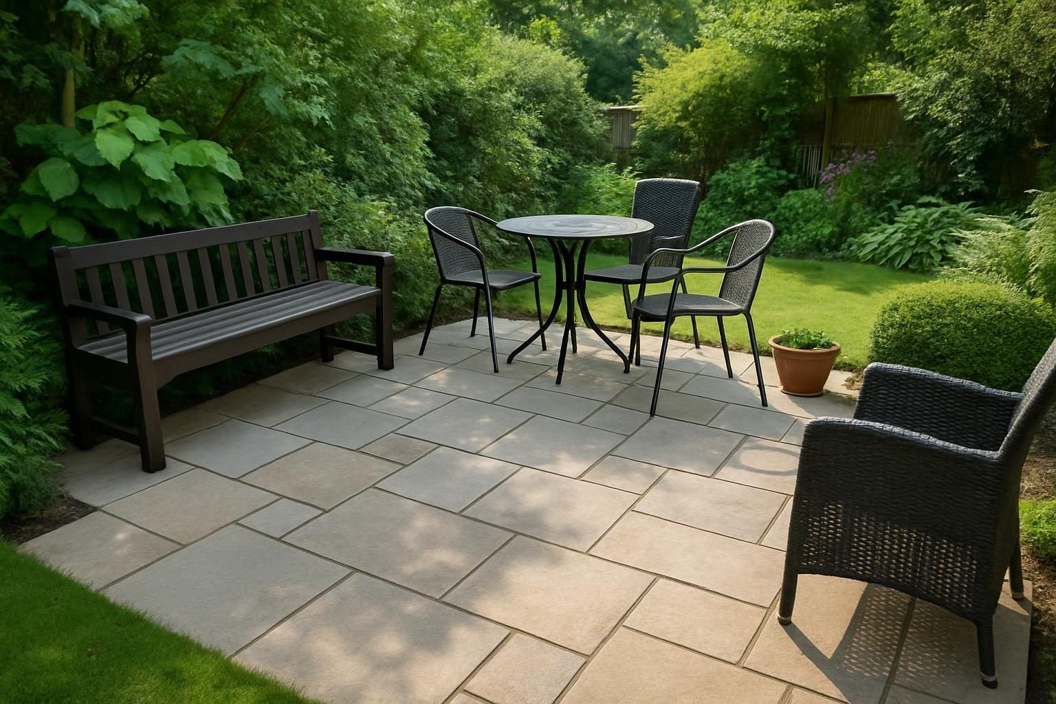 Een net aangelegd terras met bestrating en tuinmeubilair in een groene tuin