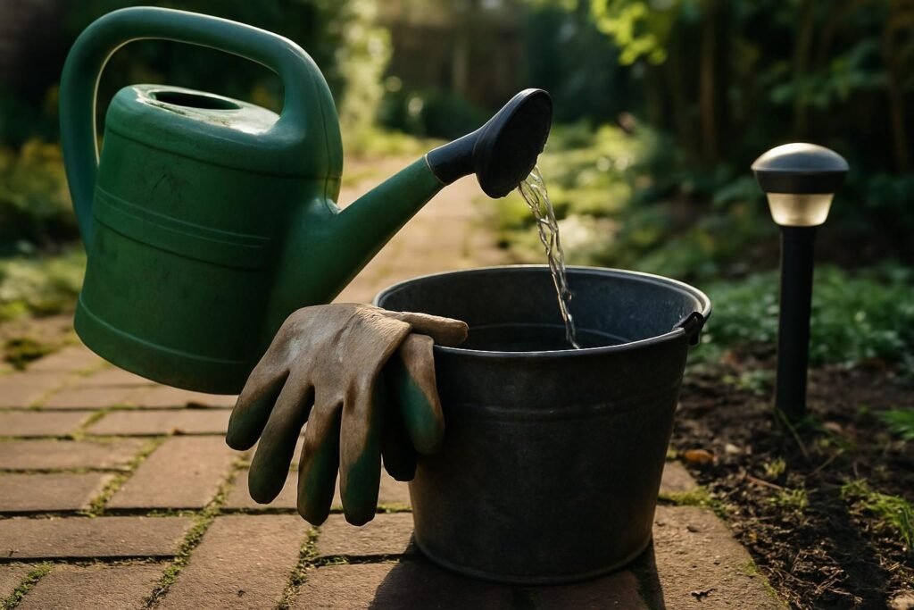 De gieter, de emmer en de handschoenen na afloop