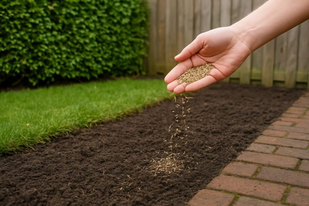 Graszaad dat met de hand over de kale grond wordt uitgestrooid, naast het bestaande gazon