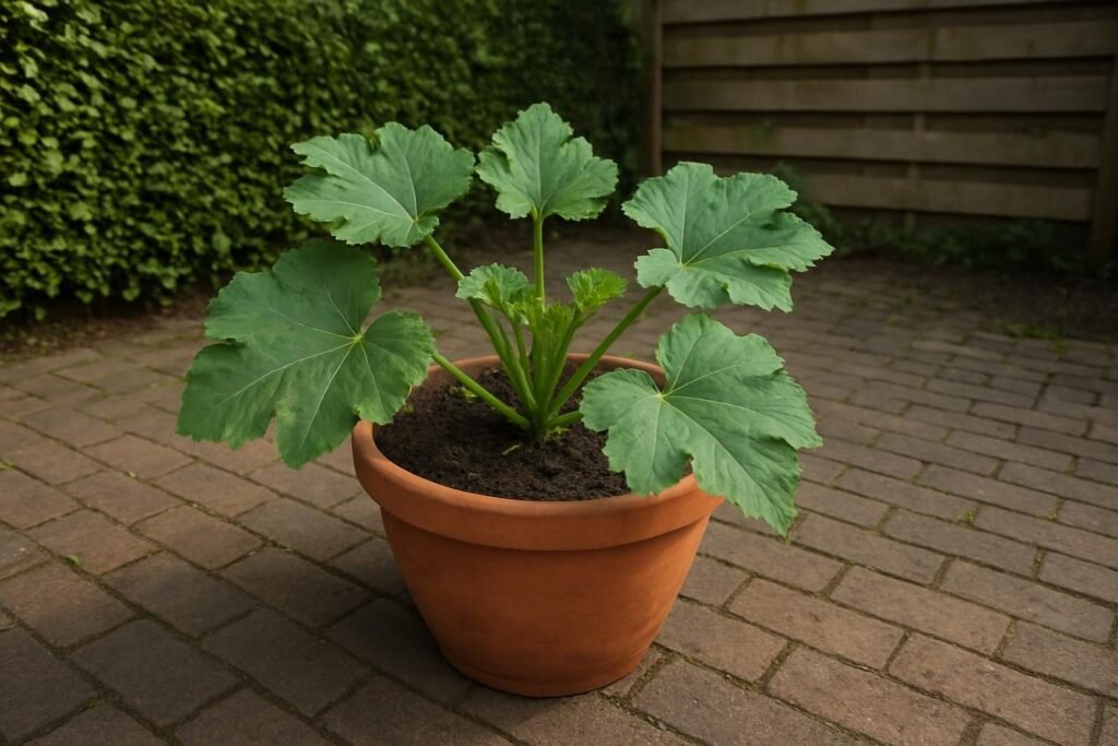 Courgetteplant in een terracotta pot op een bestraat terras