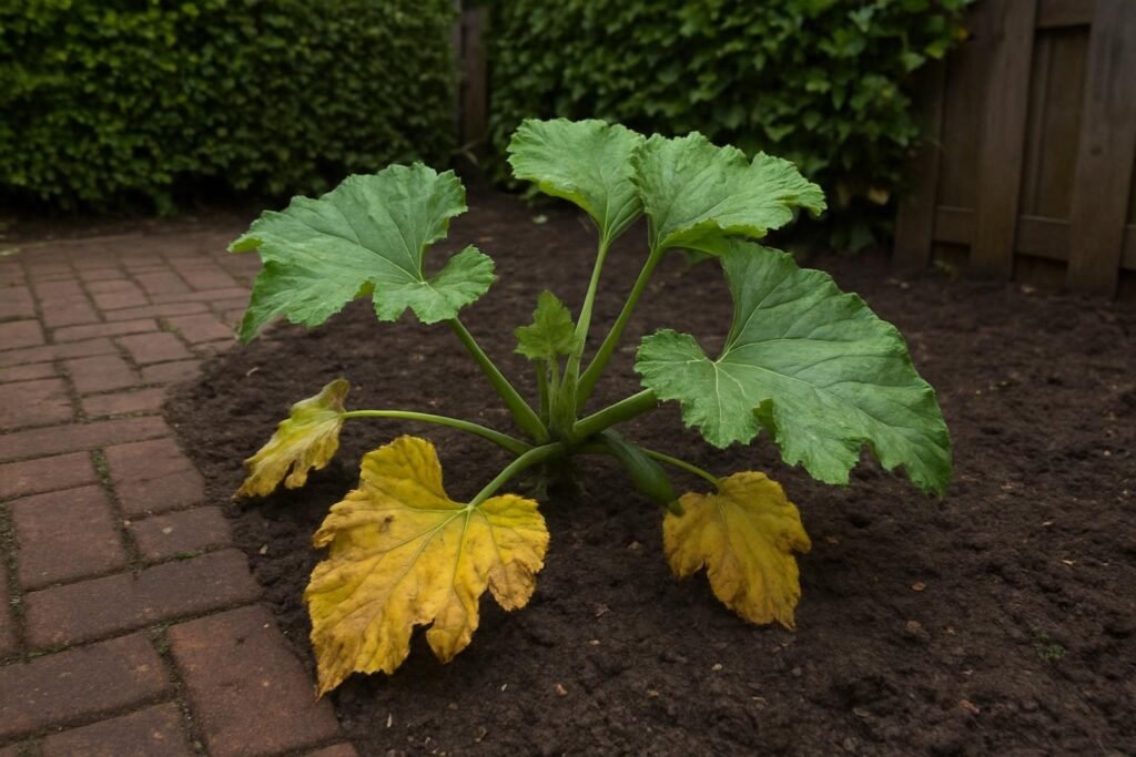Courgetteplant waarvan de onderste bladeren geel zijn geworden en slap hangen