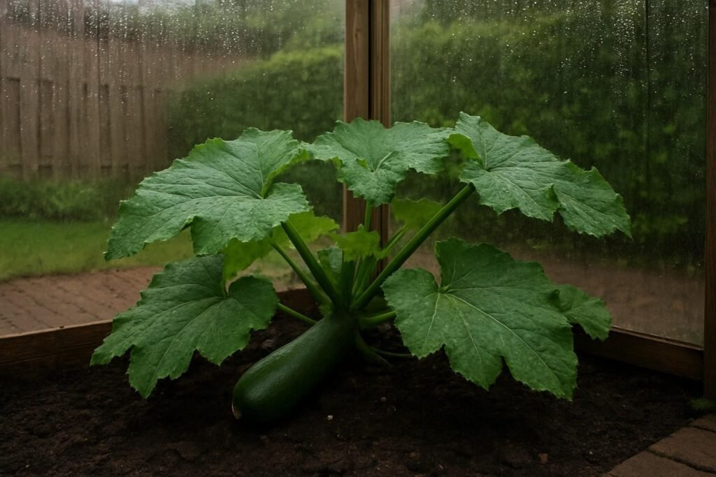 Courgetteplant met een vrucht, achter beslagen glas