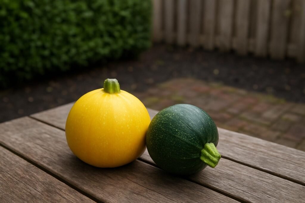 Een gele en een groene ronde courgette naast elkaar op een houten tuintafel