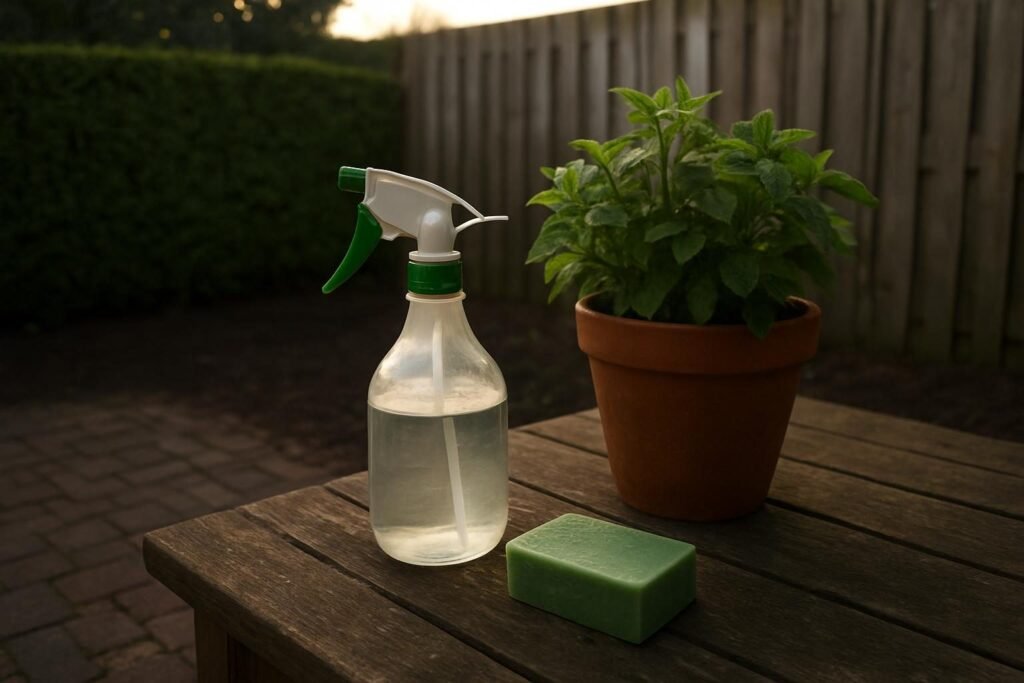 Een plantenspuit en een stuk groene zeep naast een potplant op een tuintafel