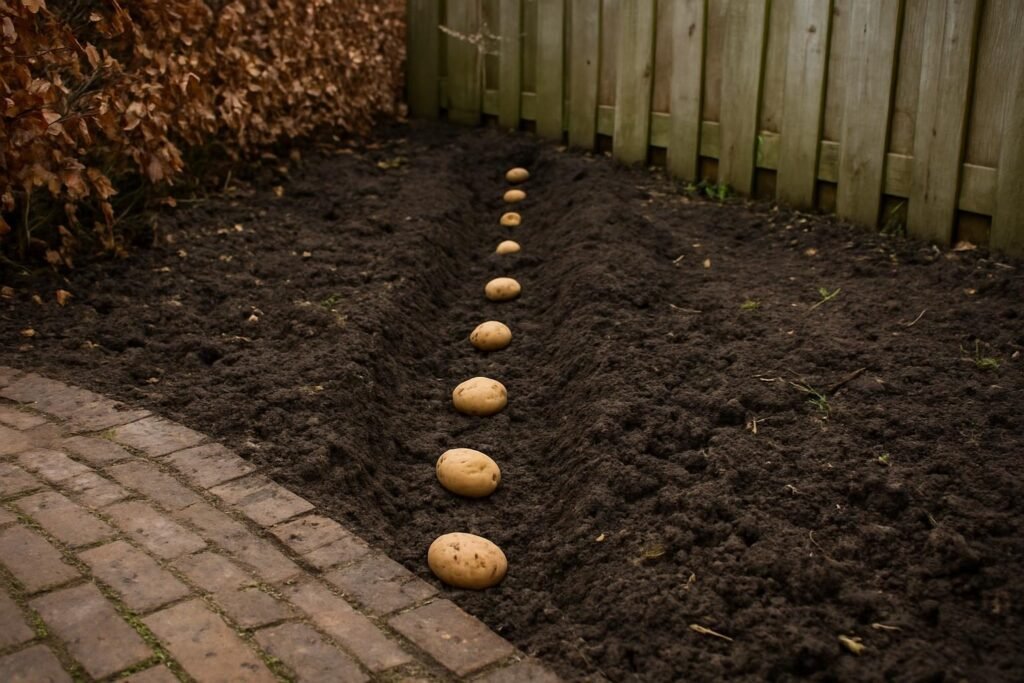 Pootaardappelen op gelijke afstand in een geul in de moestuingrond