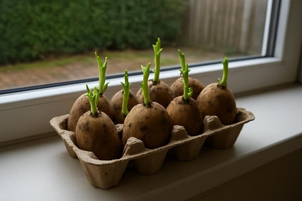 Pootaardappelen met groene kiemen in een eierdoos op een vensterbank