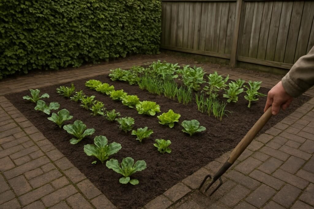 Klein vierkant moestuinbed met groenten in korte rijen, omringd door bestrating